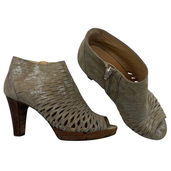 Paul Green Taupe Peep-Toe leather Ankle Boots cutout size 7 stacked wooden heel - Picture 5 of 10